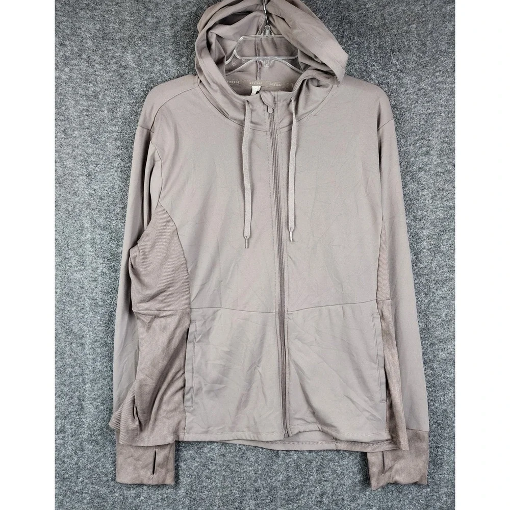 RBX Full Zip Hoodie Women 2XL Taupe Ribbed Panel Thumbhole Active Jacket